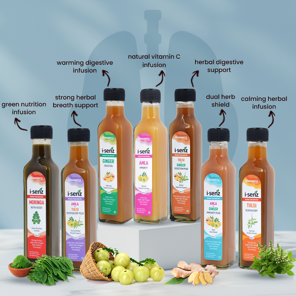 Herbal blend with amla, ginger, tulsi, ACV, and honey to support immunity, digestion, and breathing balance.