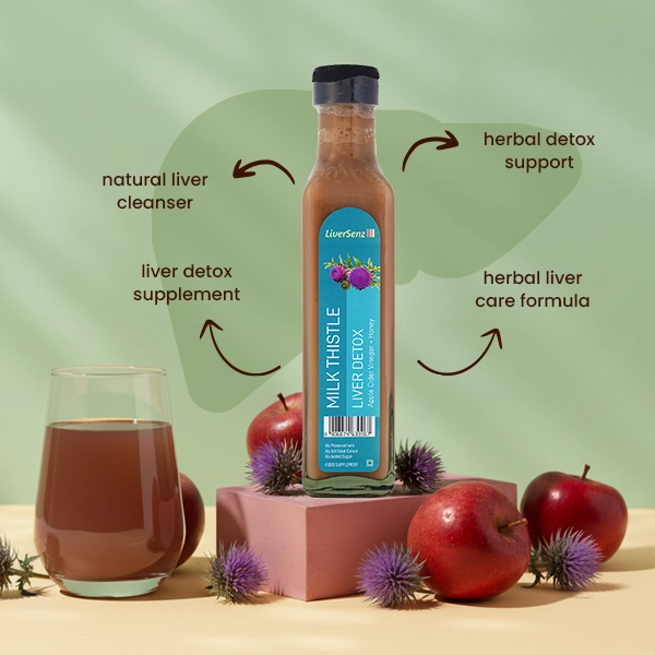 LiverSenz herbal liver cleanse drink made with milk thistle supports detox, digestion, and wellness