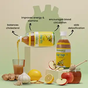 Lup-Tup ACV ginger garlic drink supports cholesterol balance, cardiovascular health, & heart care